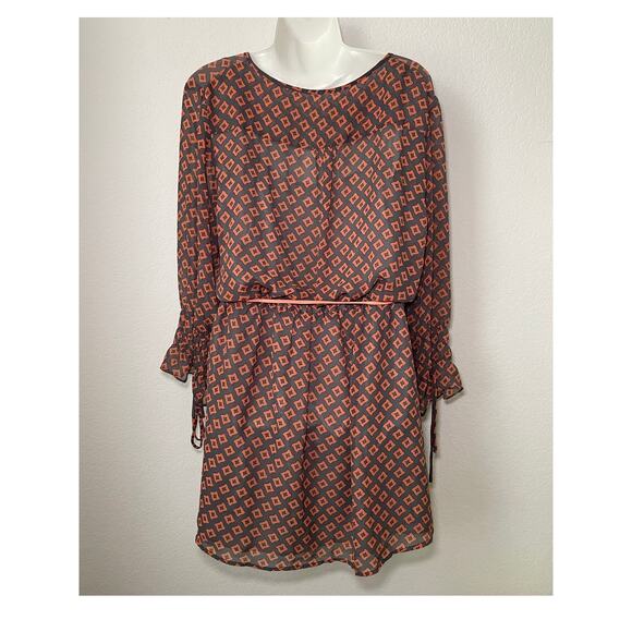 Umgee Women's Dress Orange & Gray Geometric Design Elastic Waist W/ Tie Size LG - Picture 2 of 6